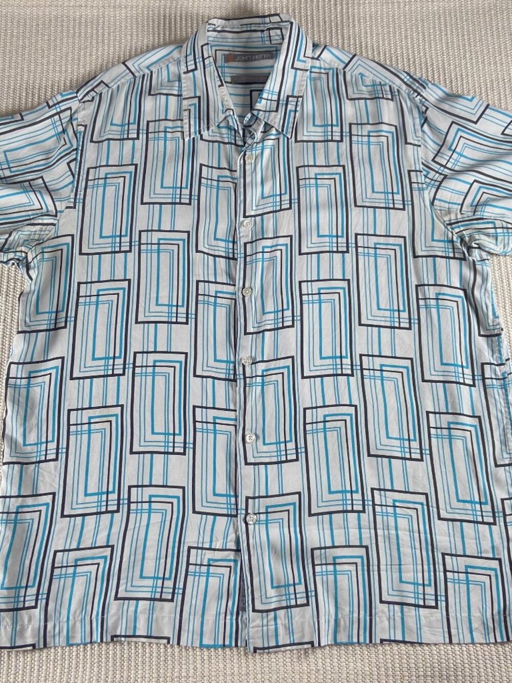 John Henry Washable Silk Button Front Shirt Men's Large Blue Geometric Print